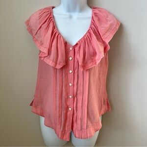 Moulinette Soeurs Silk Blend Ruffle Blouse Button Up Sheer Boho Flirty Pink Sz 4